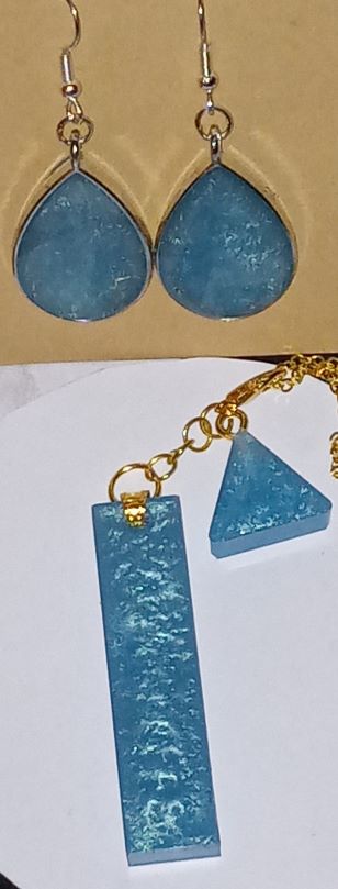 Blue Moon and Stars Earrings w/Matching Gold leaf accented Pendant and Charm